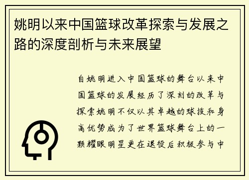 姚明以来中国篮球改革探索与发展之路的深度剖析与未来展望